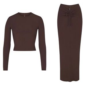 Skims Soft Lounge Set - Long Sleeve Crop Top & Ruched Long Skirt